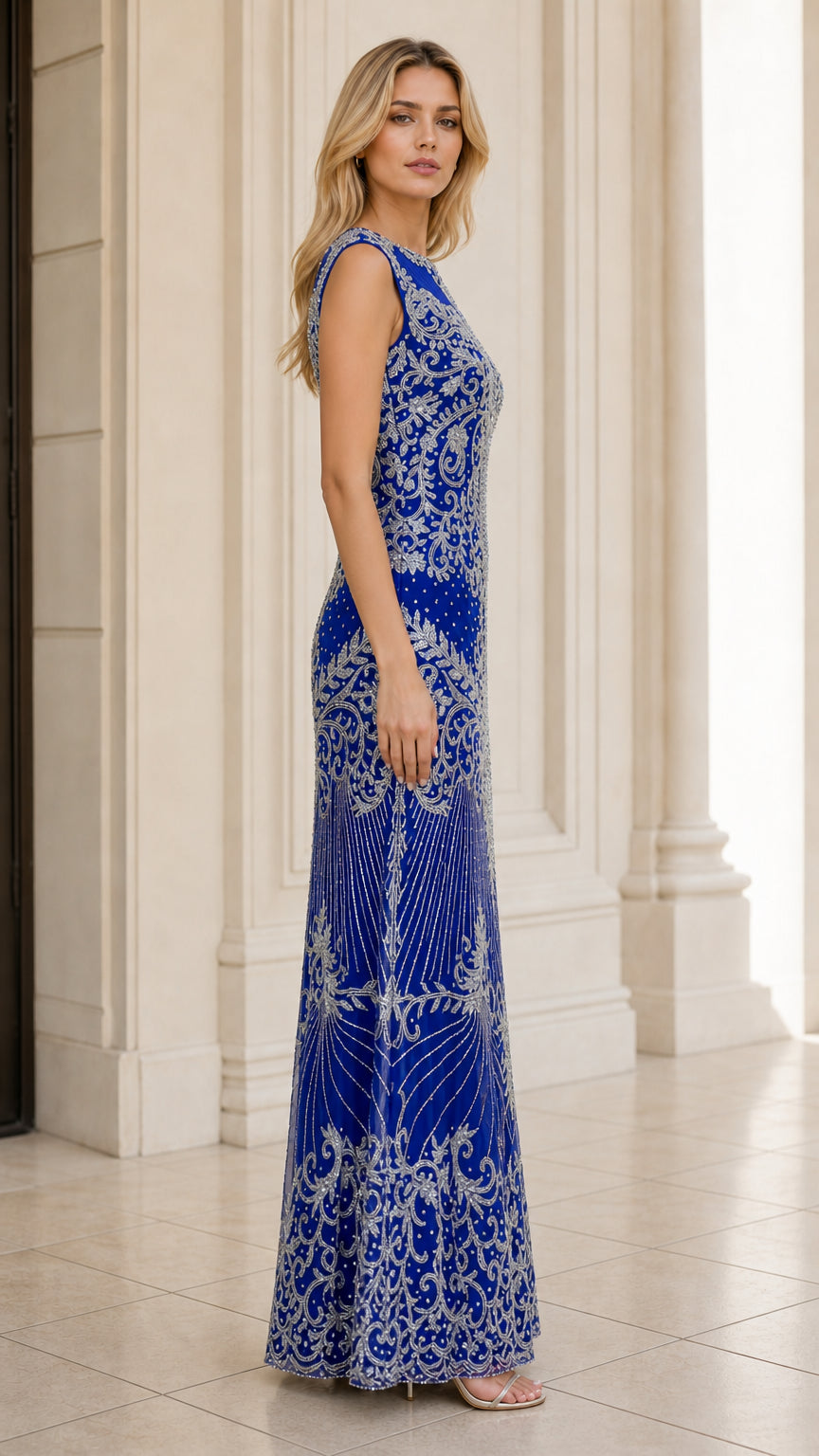 Side view of Royal Blue floor-length embellished formal dress