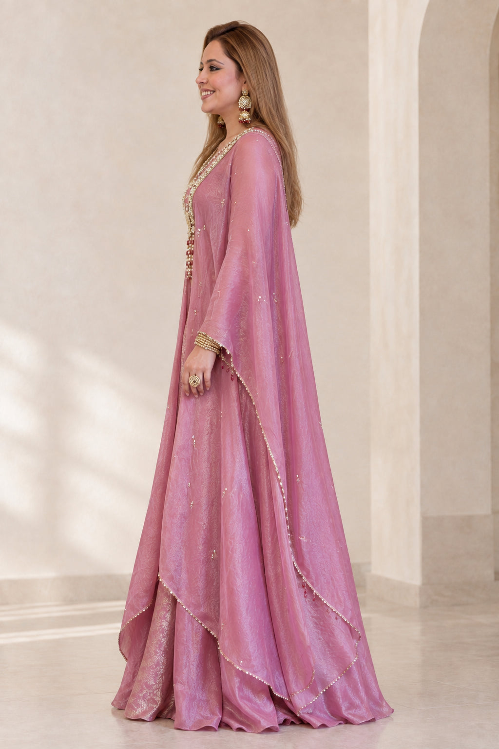 Dusty Rose embellished 3-piece cape pant set - side view showing cape length