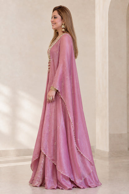 Dusty Rose embellished 3-piece cape pant set - side view showing cape length