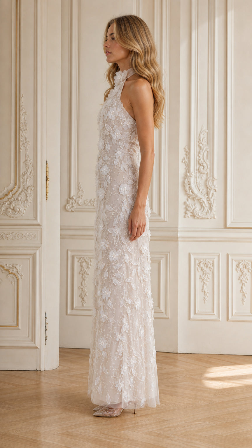 Ivory halter neck formal evening gown side angle view