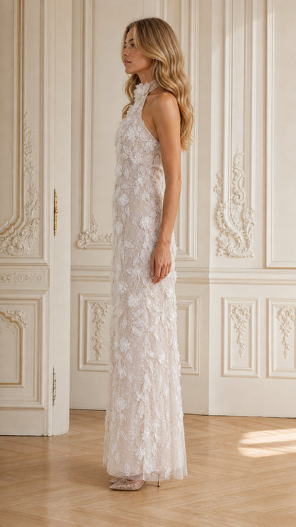 Ivory halter neck formal evening gown side angle view