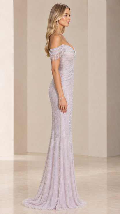 Side profile view of lavender beaded mermaid maxi dress