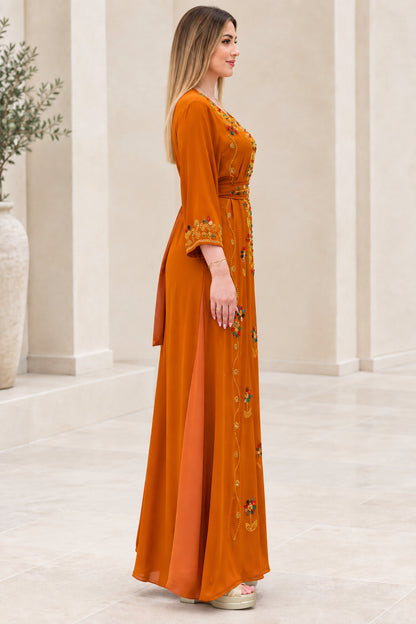 Side view of rust orange modest embellished kaftan maxi dress