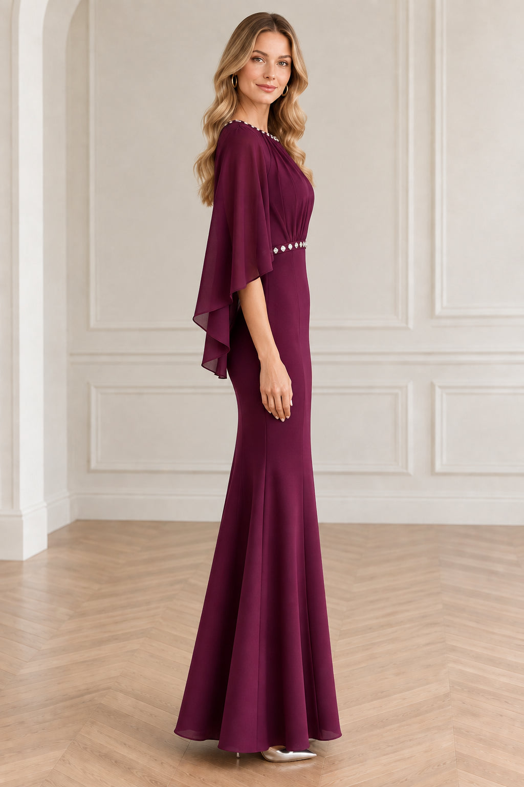 Burgundy floor-length formal gown with cape sleeves side profile view