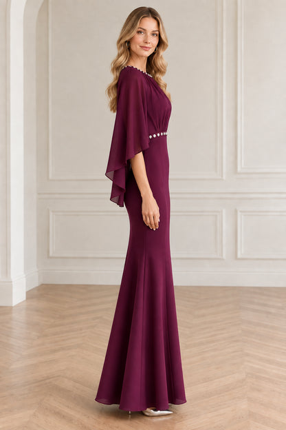 Burgundy floor-length formal gown with cape sleeves side profile view