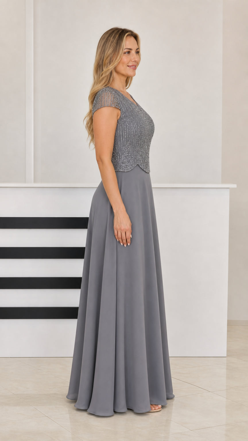 Side profile view of Slate Gray cap sleeve beaded formal maxi dress