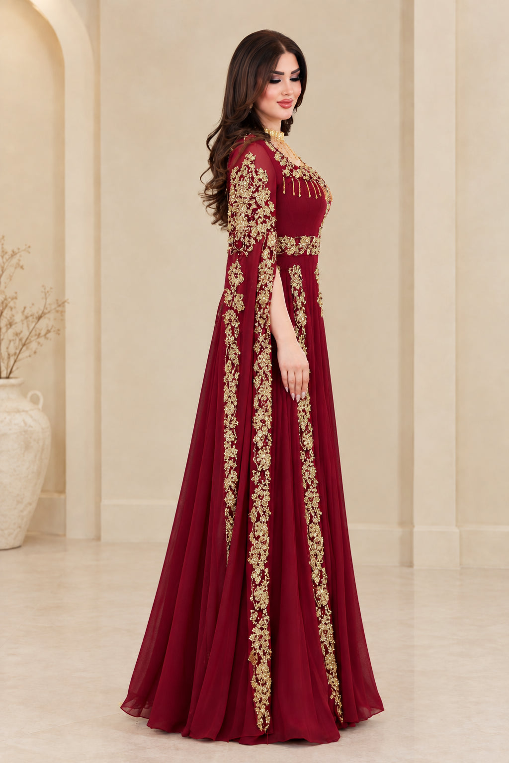 Burgundy gold embellished kaftan formal dress side profile
