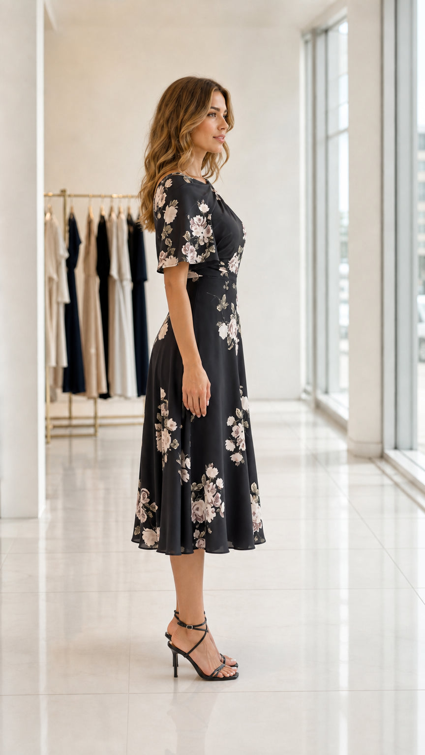 Side view of model in black floral A-line midi dress with flutter sleeves