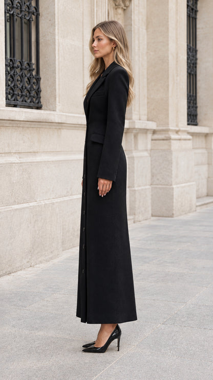 Side view of woman wearing long black single-breasted coat dress