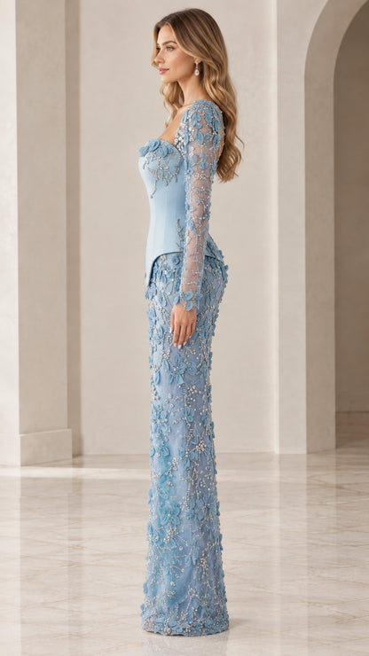 Sky Blue formal embroidered evening dress with peplum detail - side view