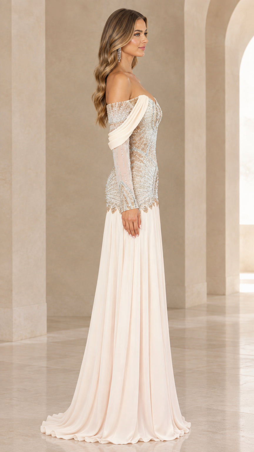 Side profile view of champagne long-sleeve embellished formal gown