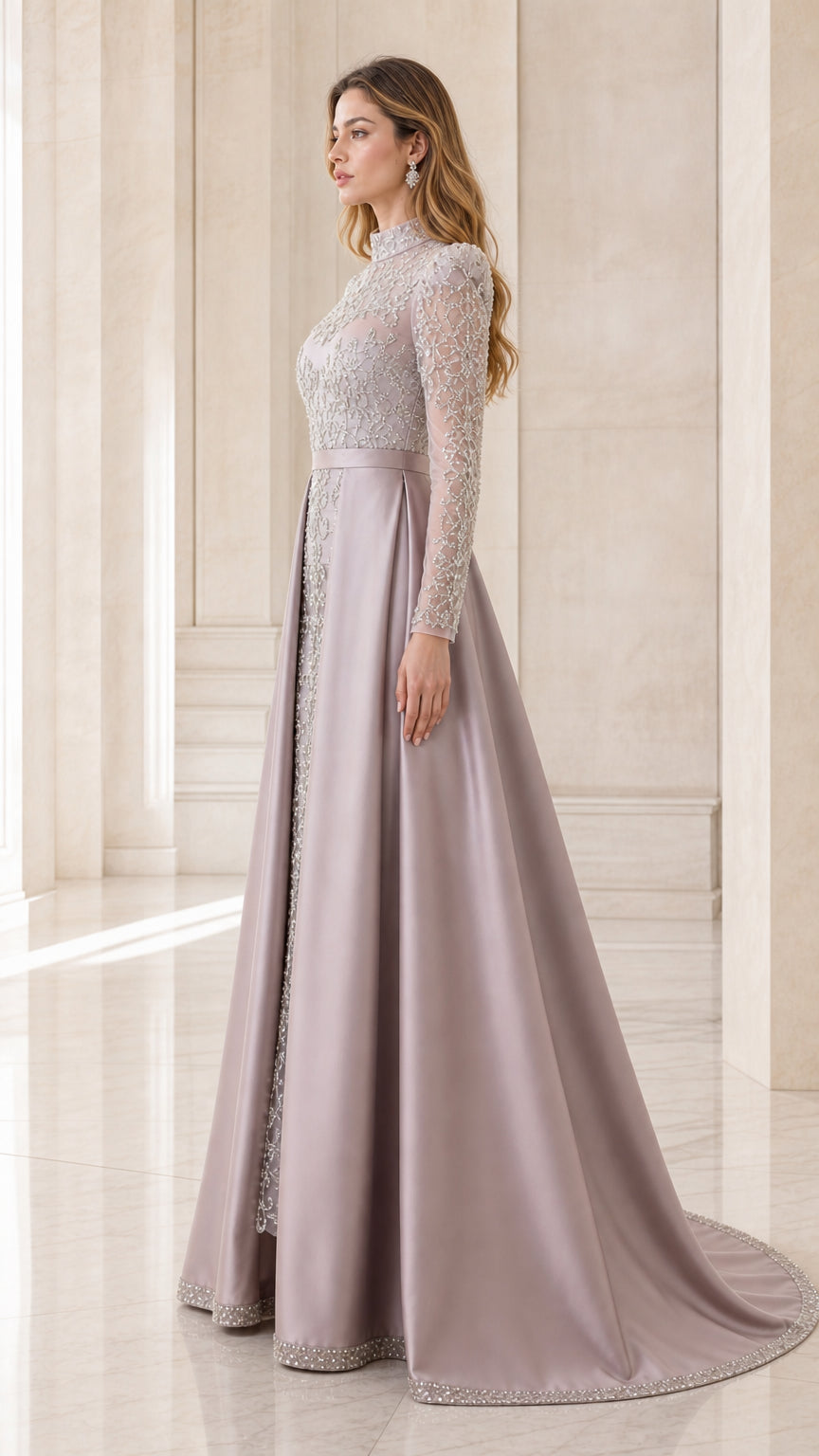 Side profile of model in dusty lilac long sleeve embroidered gown showing sweeping satin train