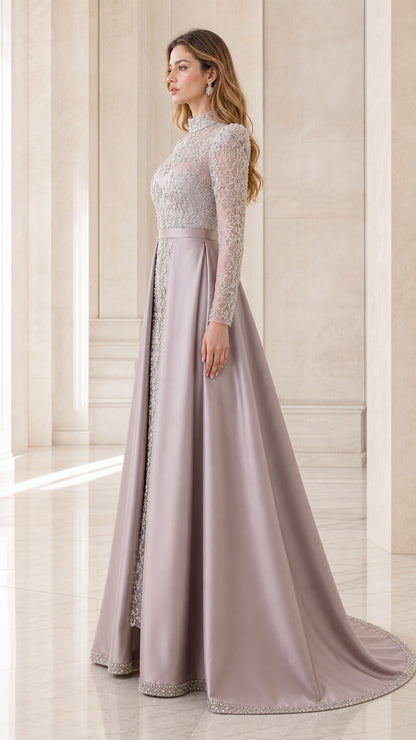 Side profile of model in dusty lilac long sleeve embroidered gown showing sweeping satin train
