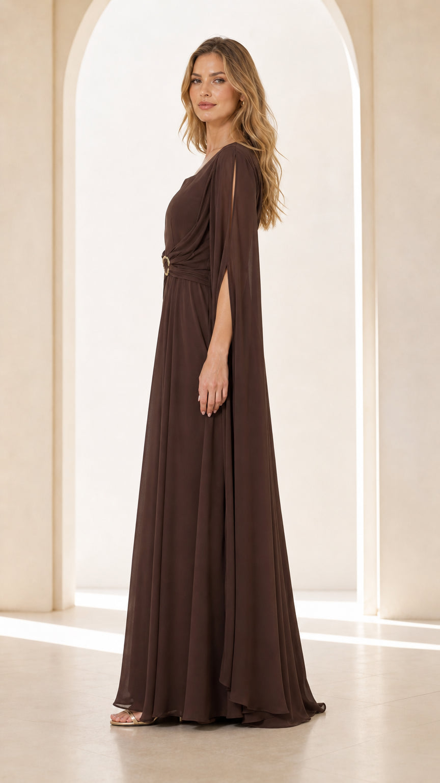 Side profile of Chocolate Brown floor-length cape dress showing sleeve drape