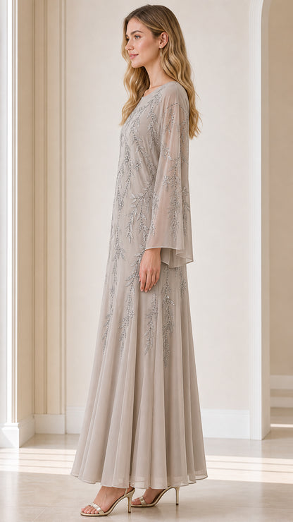 Side profile of model in taupe evening gown