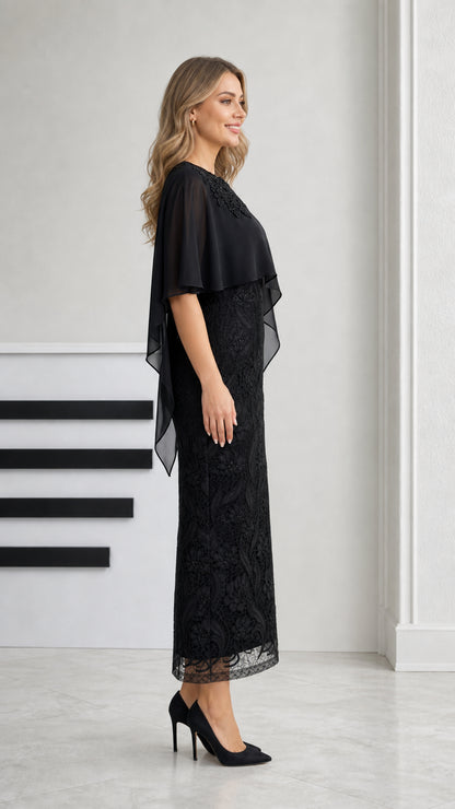 Side profile view of black formal capelet lace evening dress