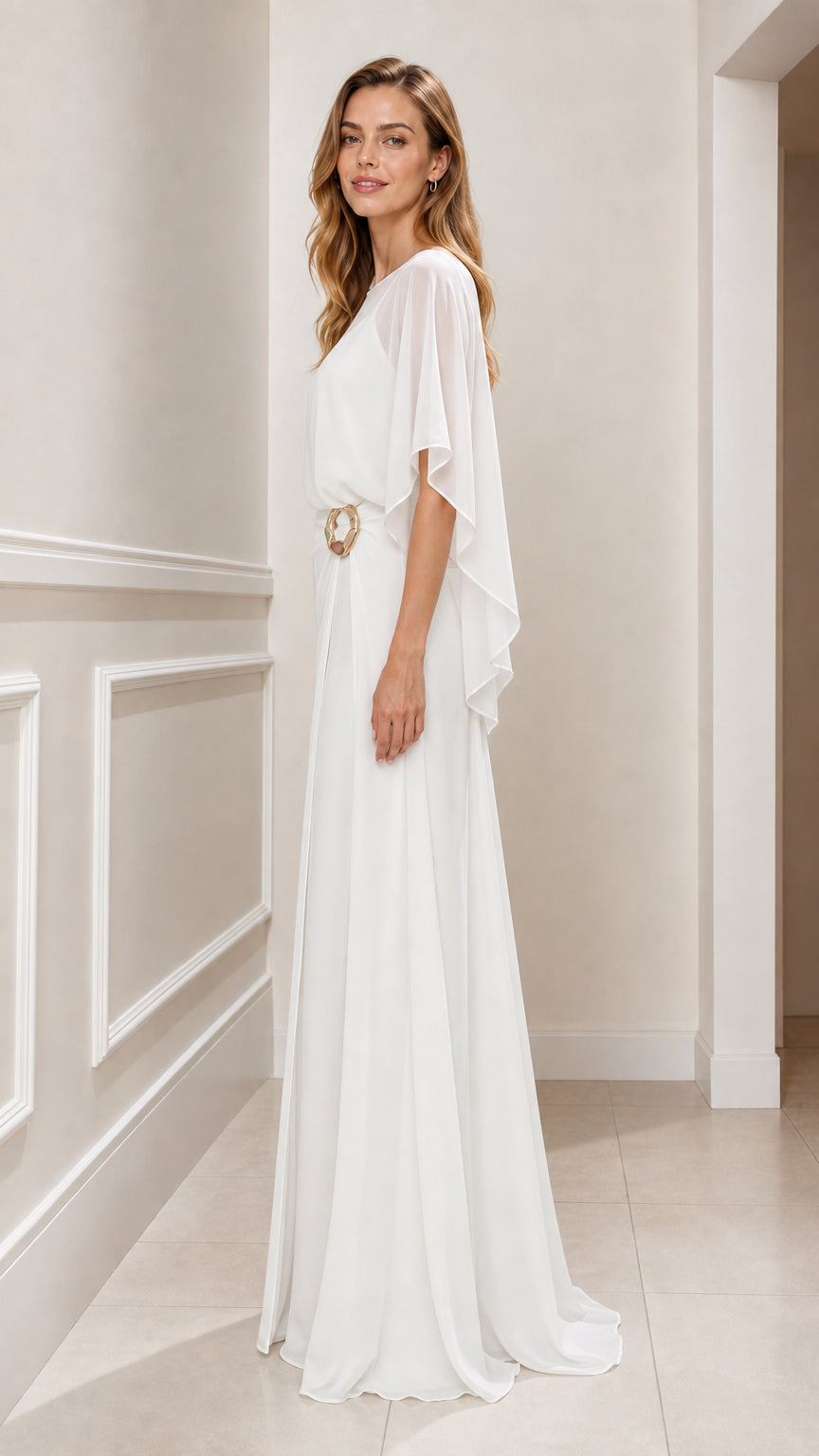 White chiffon cape evening gown side angle view