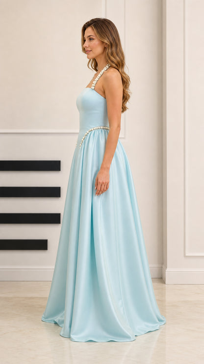 Side profile view of light blue satin floor-length formal gown