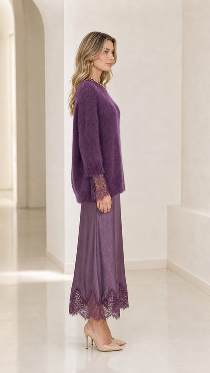 Purple sweater and lace midi skirt matching two piece set side view