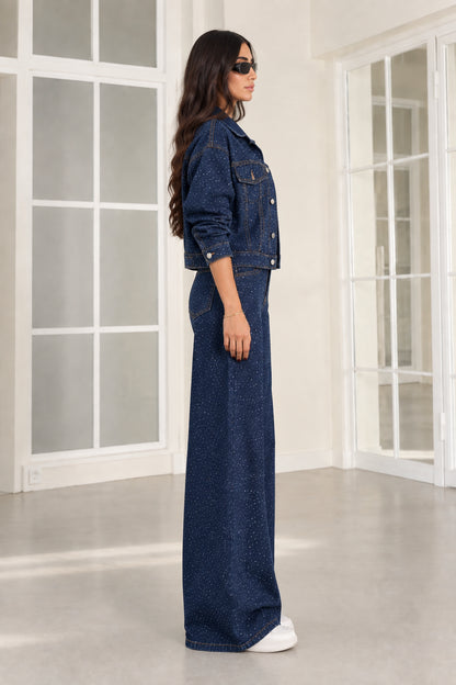Side profile view of dark blue rhinestone denim matching two-piece set