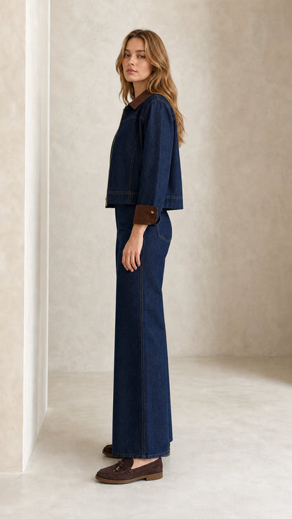 Side profile view of Indigo Blue denim jacket and wide leg pants co-ord set