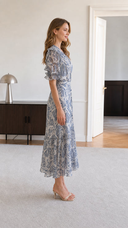 Side view of dusty blue botanical print flutter sleeve midi dress