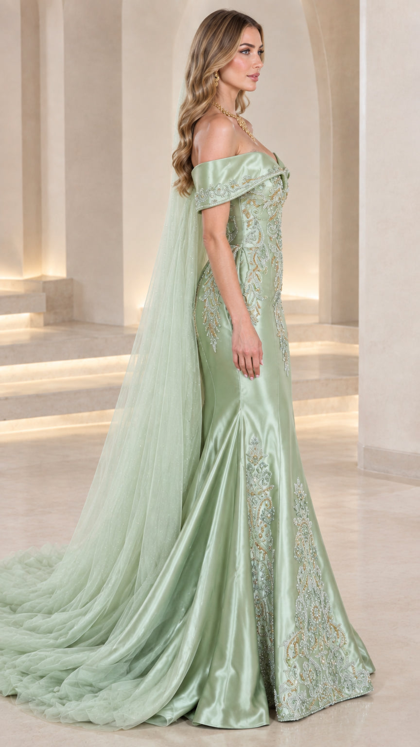 Side angle of model in sage green embroidered evening dress with sweeping train