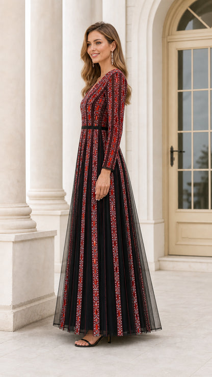 Side angle view of woman wearing Black and Red rhinestone embellished formal maxi dress