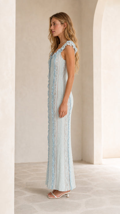 Side profile of light blue maxi dress