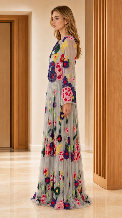 Grey floral embroidered sequin tulle maxi dress side profile view