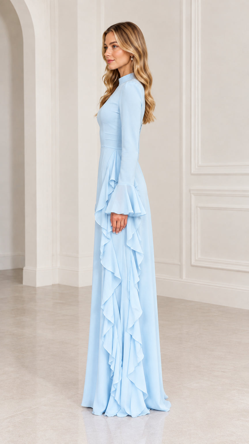 Side profile view of woman modeling Light Blue floor-length evening dress with bell cuffs