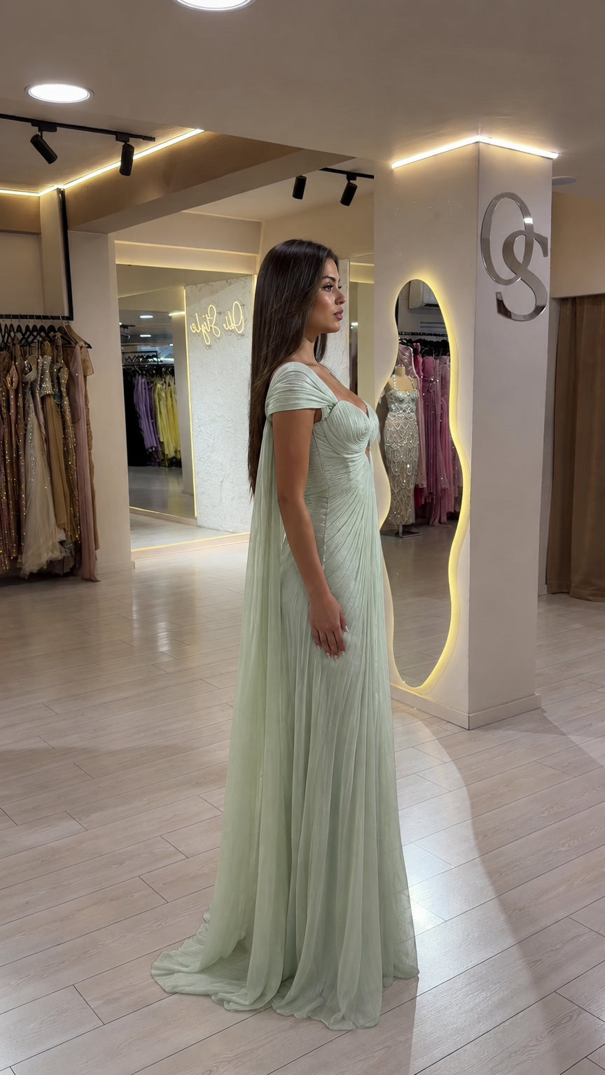 Side profile view of Sage Green pleated formal maxi dress