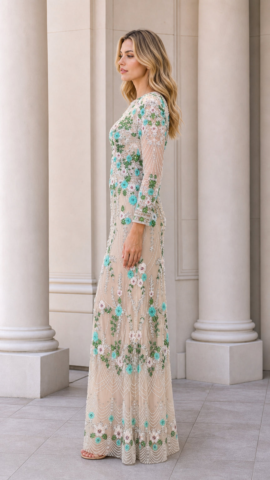 Champagne beaded long sleeve maxi gown side profile view
