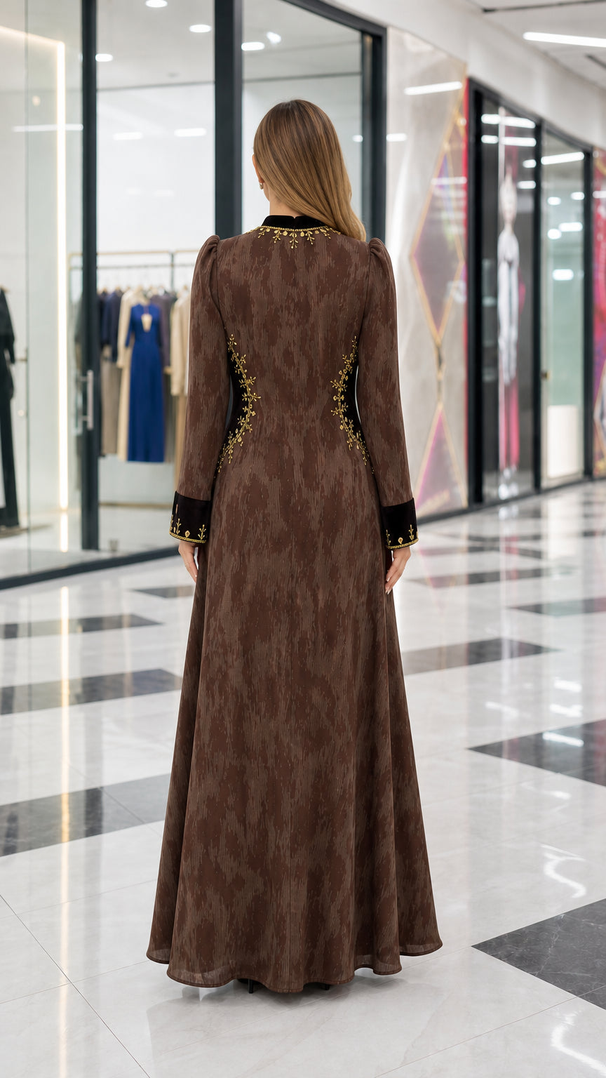 Back view of brown textured maxi dress with velvet side paneling