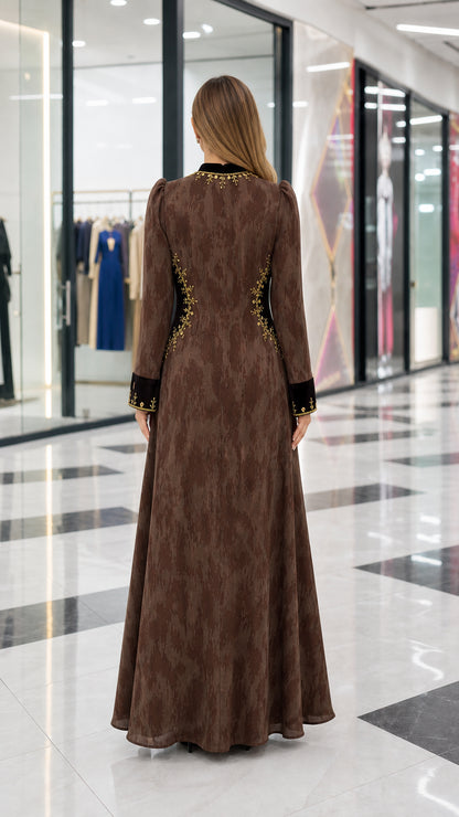 Back view of brown textured maxi dress with velvet side paneling
