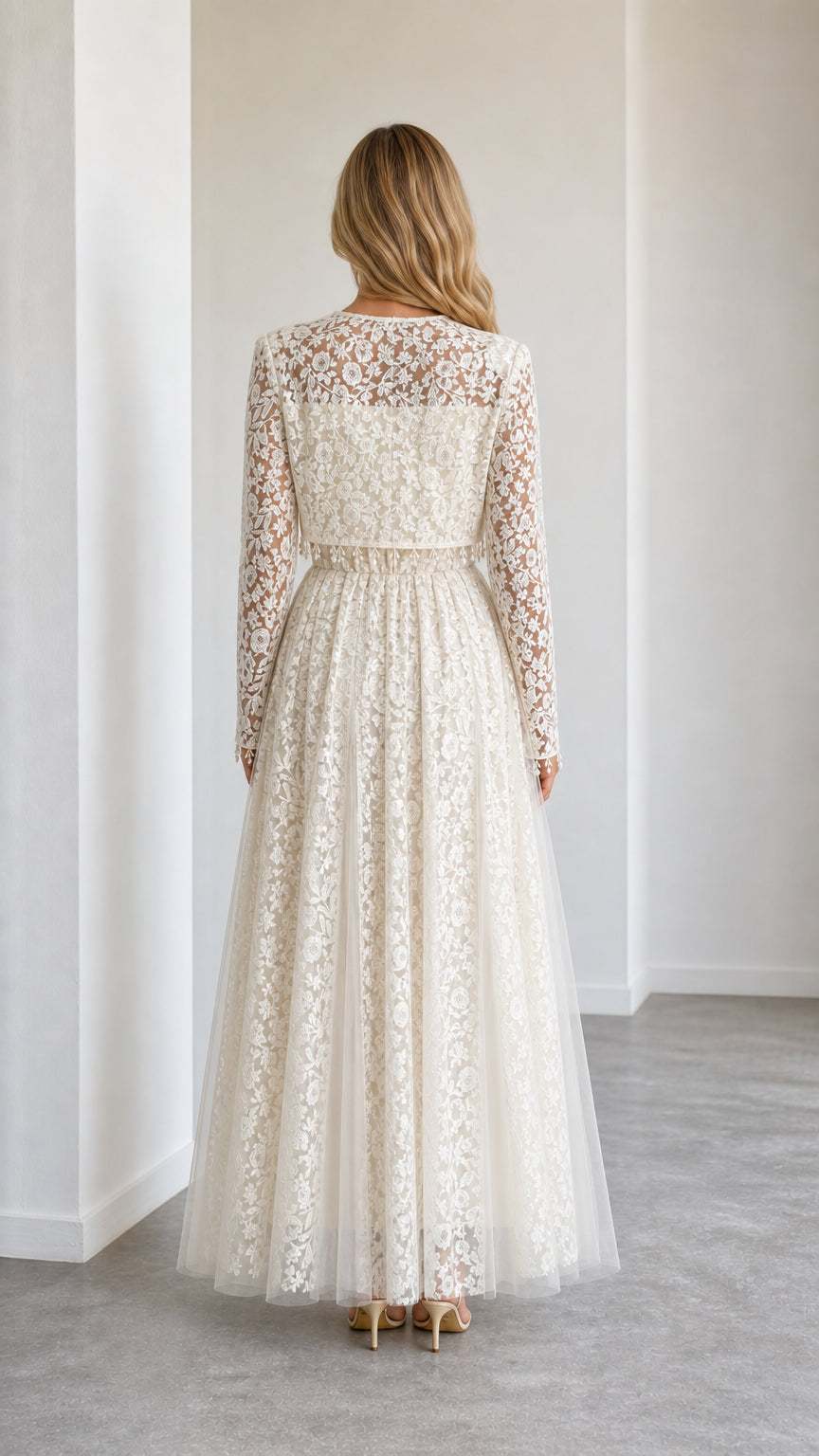 Back view of ivory embroidered lace maxi dress set