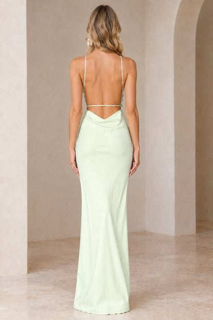 Back view of model wearing Mint Green low-back strappy maxi dress