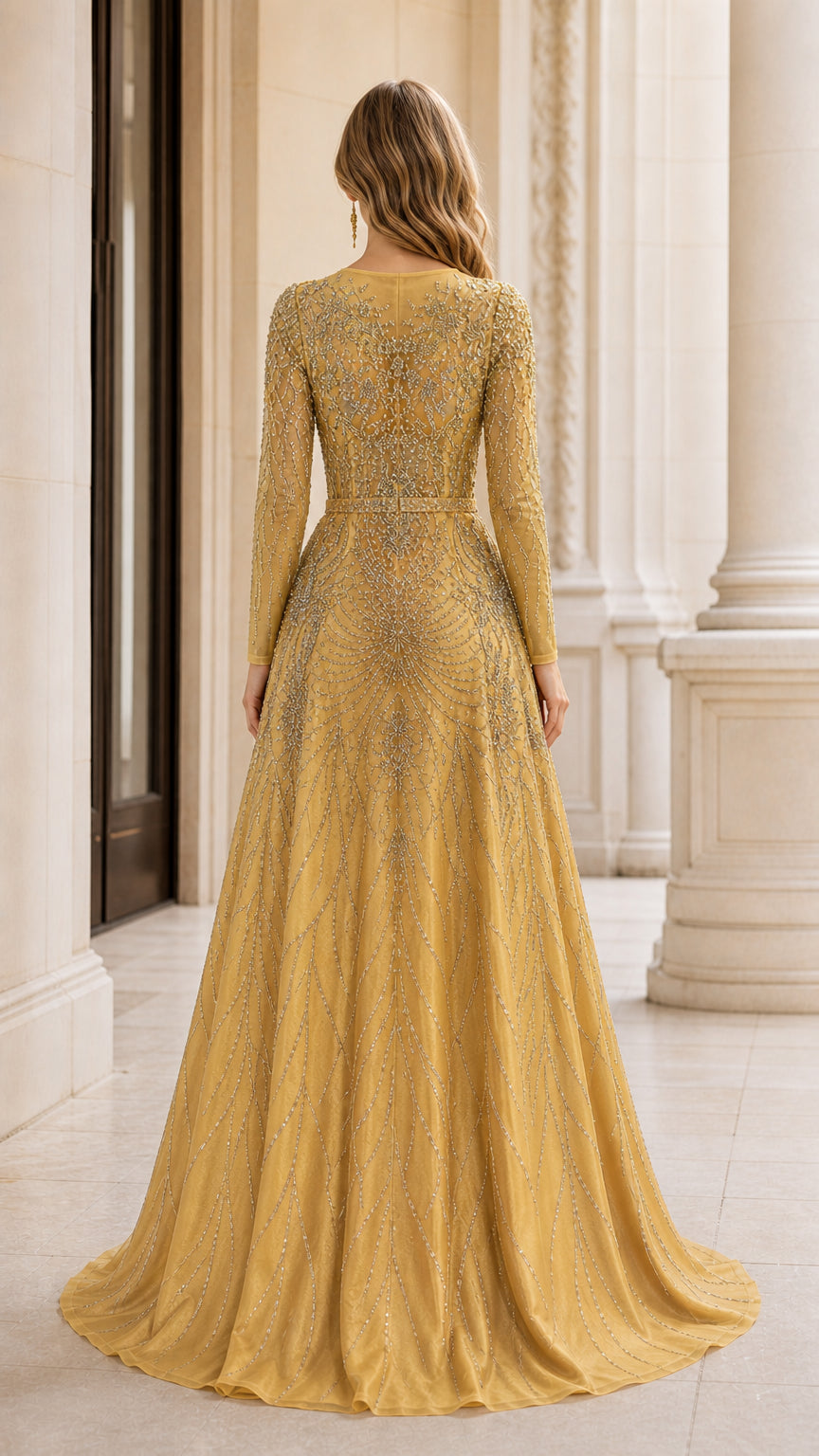 Back view of model in gold beaded modest maxi evening gown