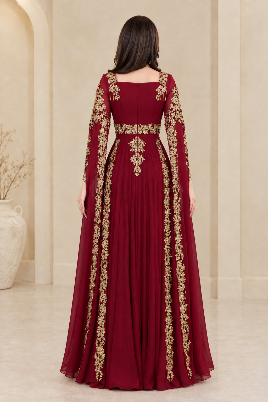Burgundy long cape sleeve formal gown back view