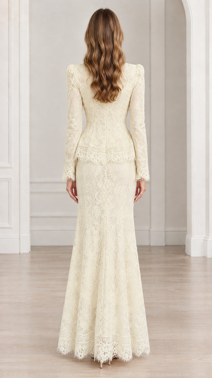 Back view of Ivory lace peplum jacket and floor length skirt