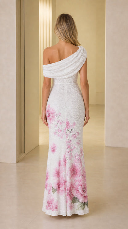 Back view of white one-shoulder floral evening dress
