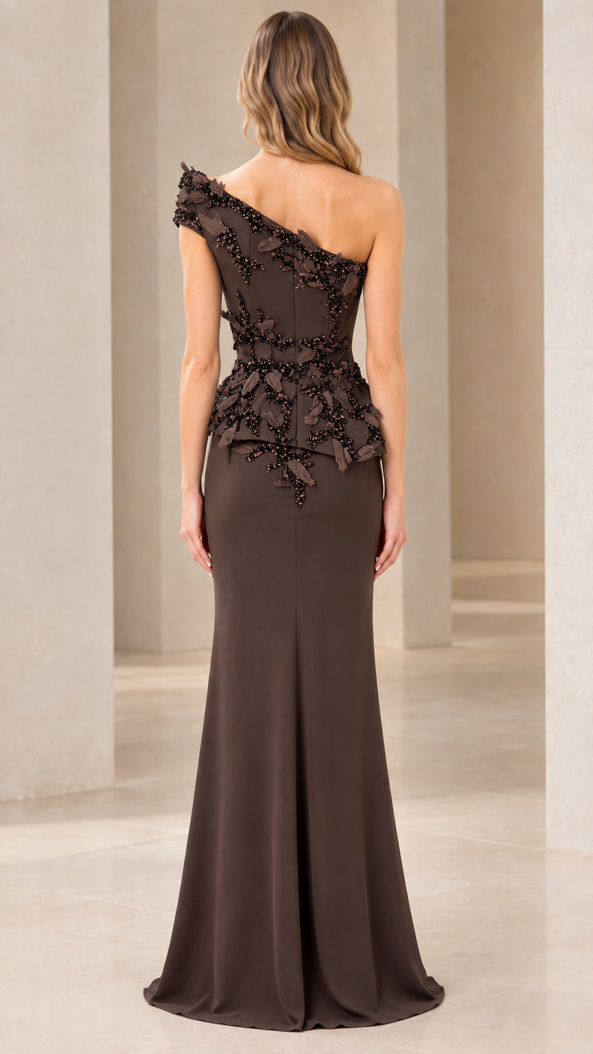 Back view of model wearing Chocolate Brown floor-length column evening dress