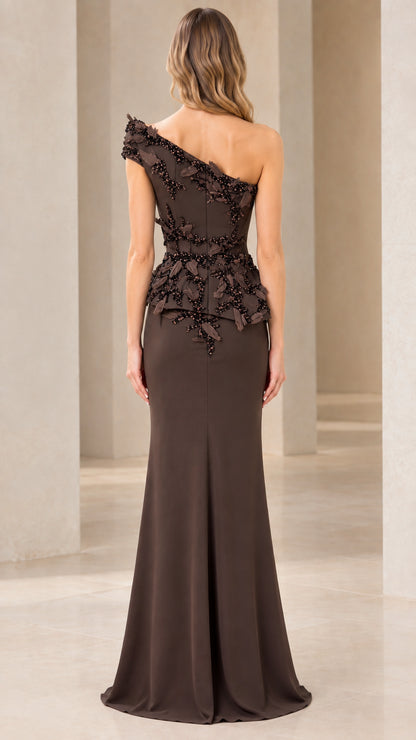 Back view of model wearing Chocolate Brown floor-length column evening dress