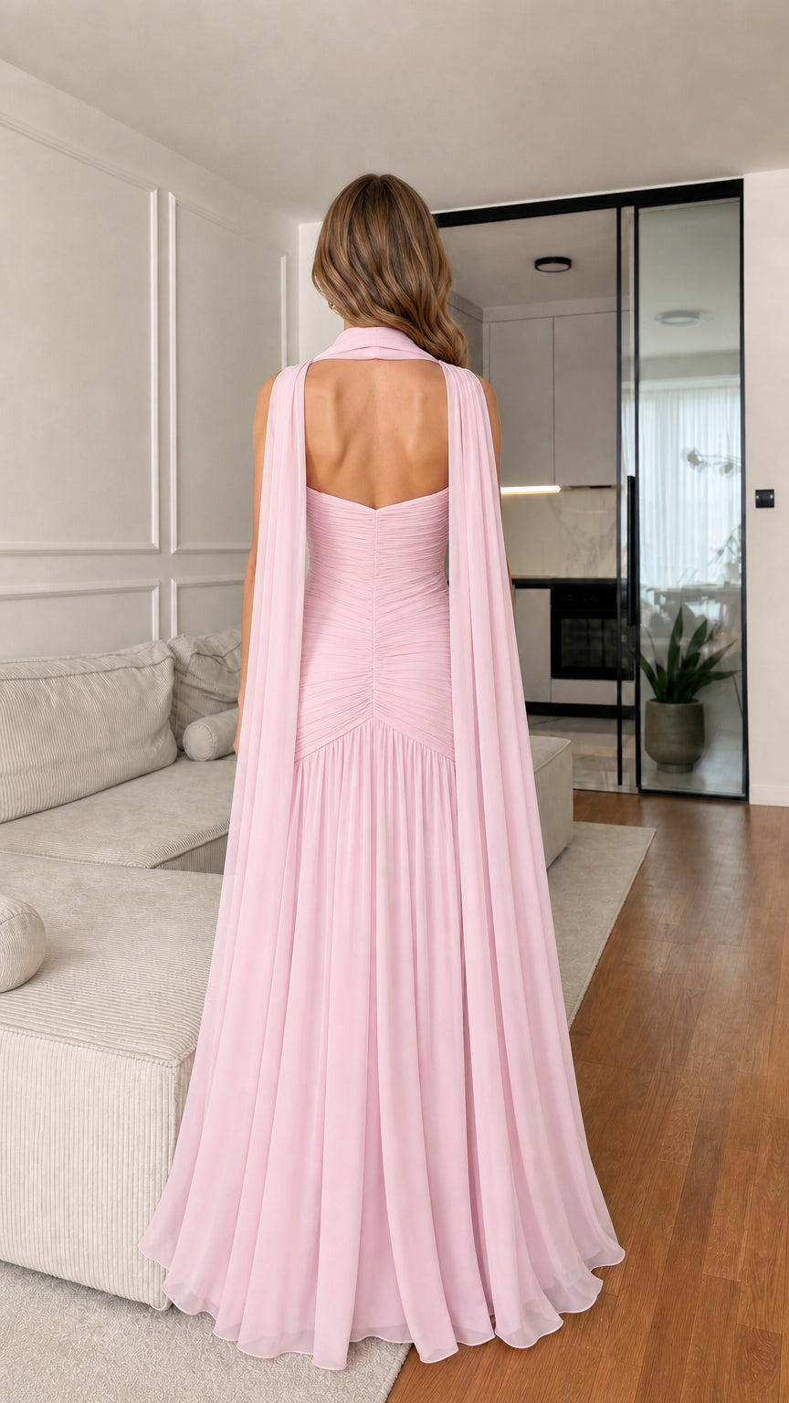 Blush Pink Chiffon Formal Gown Back View Showing Draped Cape Detail