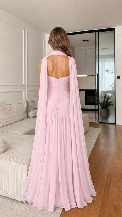 Blush Pink Chiffon Formal Gown Back View Showing Draped Cape Detail