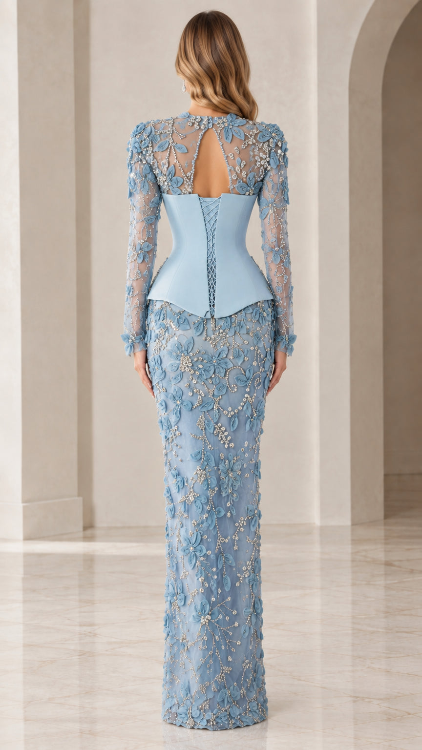 Sky Blue long sleeve lace evening gown showing sheer illusion back and structured waist - back view
