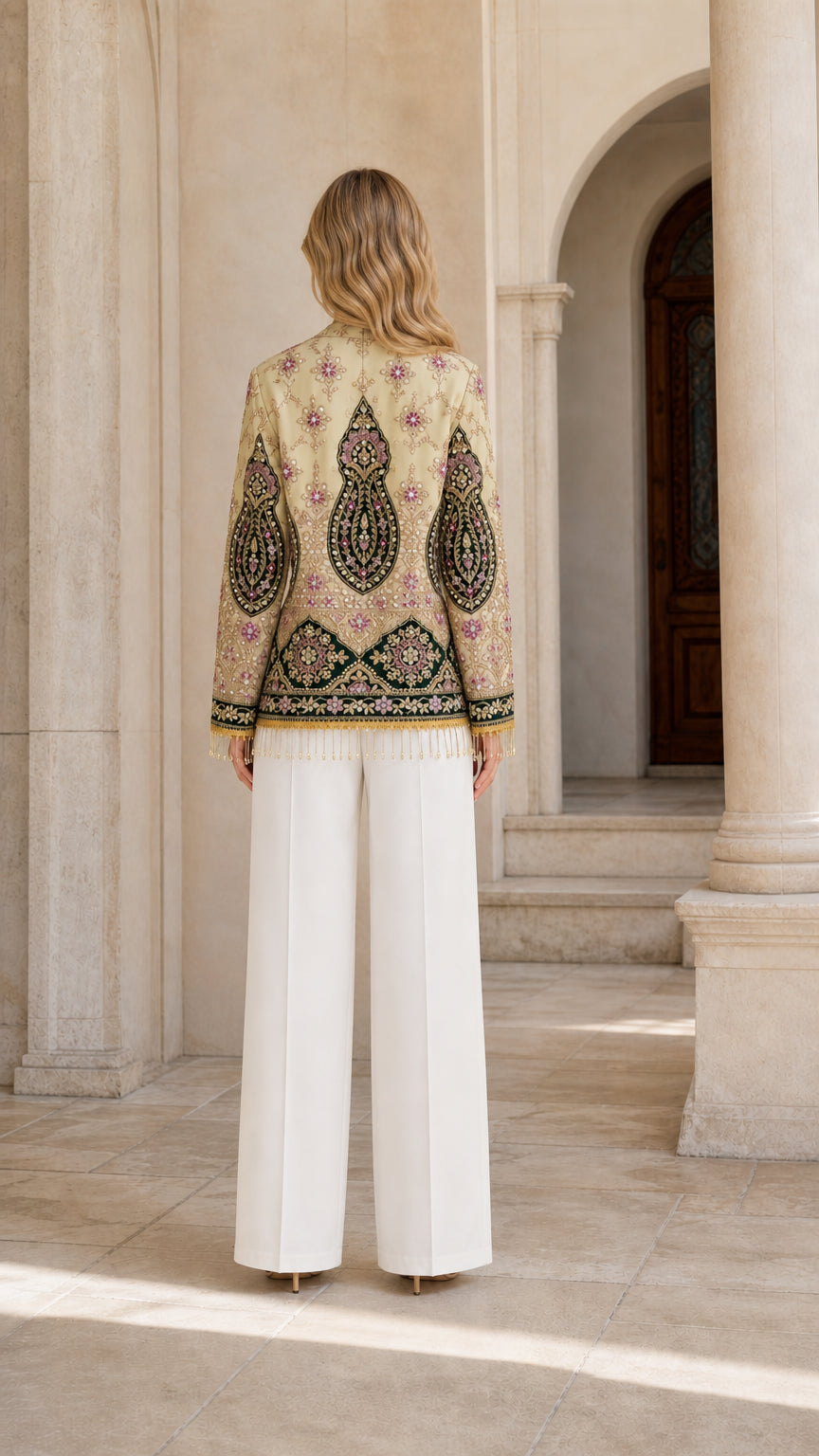 Back view of model showcasing large paisley embroidery on Champagne Gold jacket