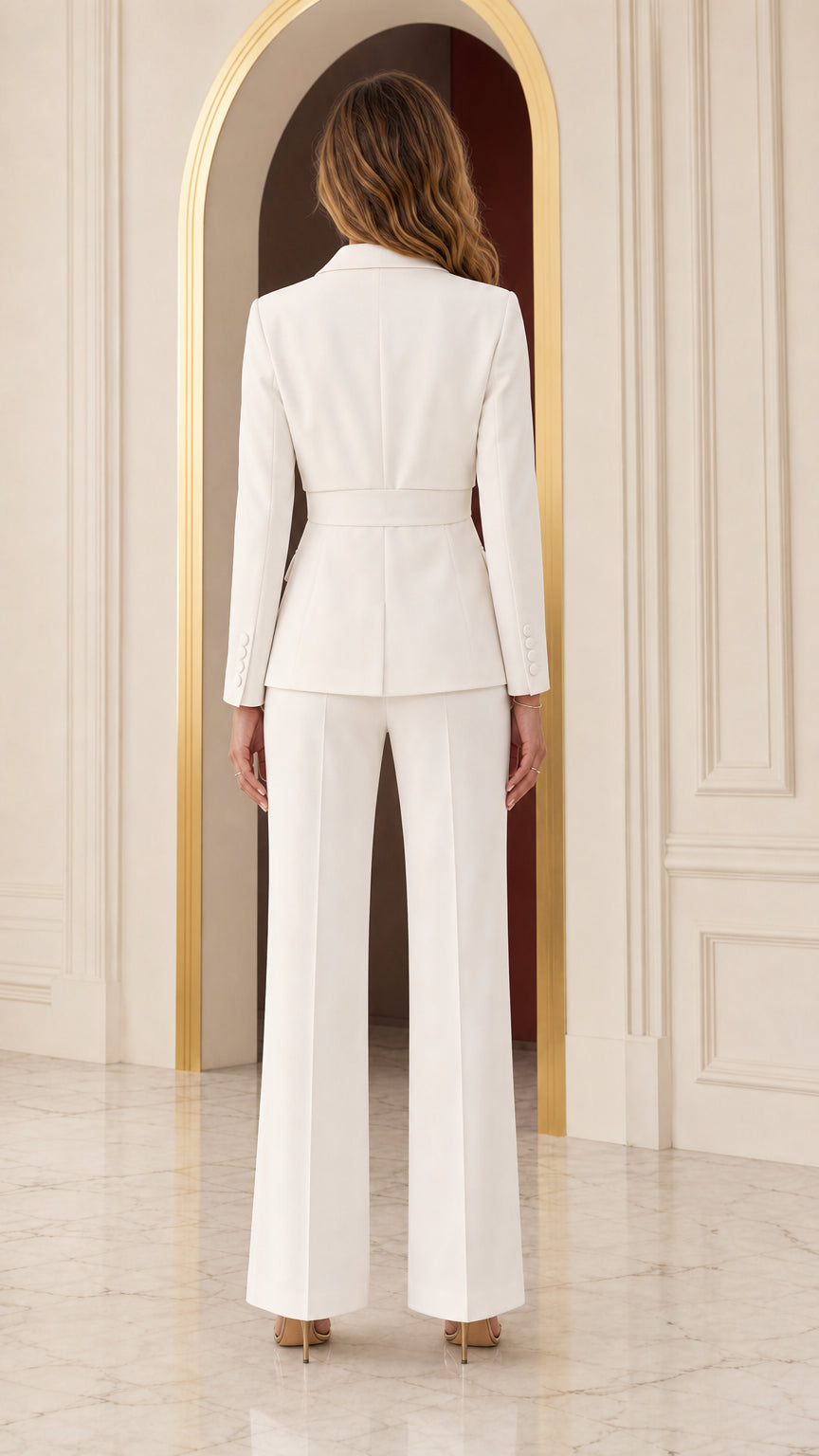 Back view of woman wearing white tailored suit jacket and wide trousers