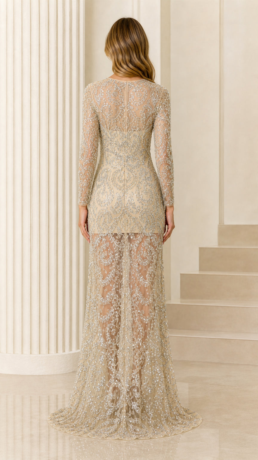 Champagne floor-length sequin evening gown back view