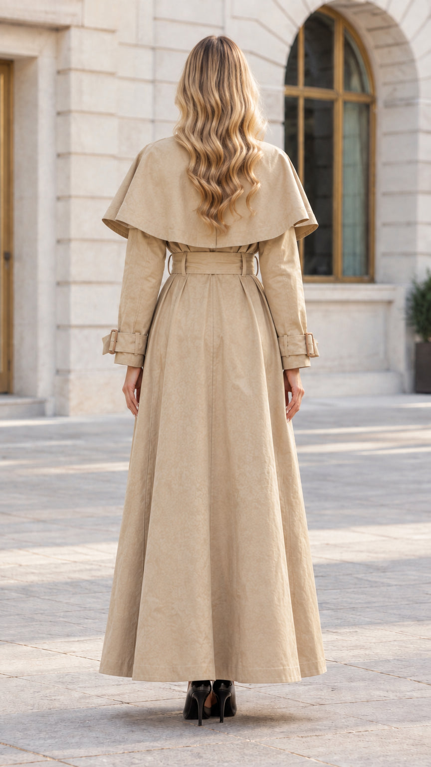 Back view of Khaki Maxi Cape Trench Coat highlighting cape back and flowing hem